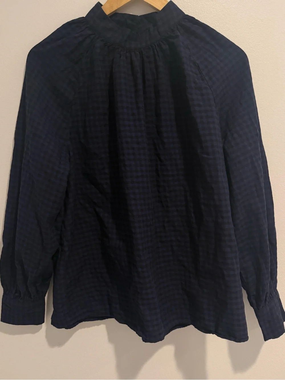 Ann Taylor XL Navy Gingham High Neck Blouse Balloon Sleeve Button Cuff Fall